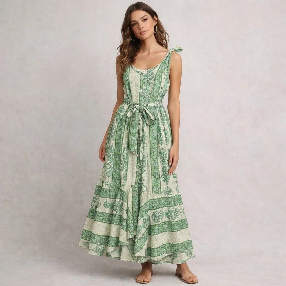 Roller Rabbit Berrino Sedona Printed Scoop Neck Tie Waist Midi Dress XS - Picture 1 of 14
